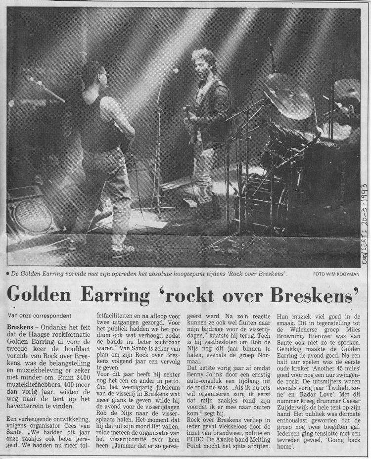Golden Earring show review unknown newspaper Breskens - Feesttent Haventerrein March 20 1993